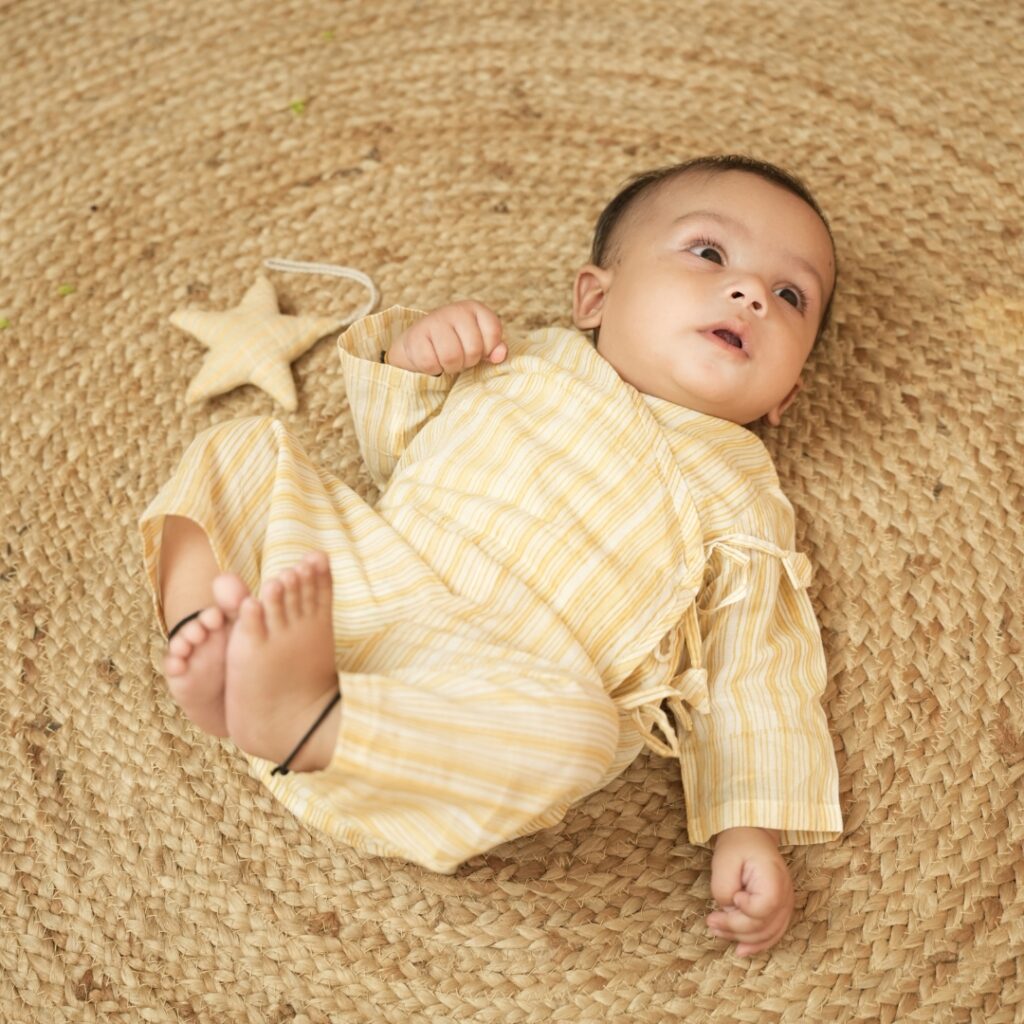 Baby Cotton Jhabla Pajama Set - Yellow Stripe