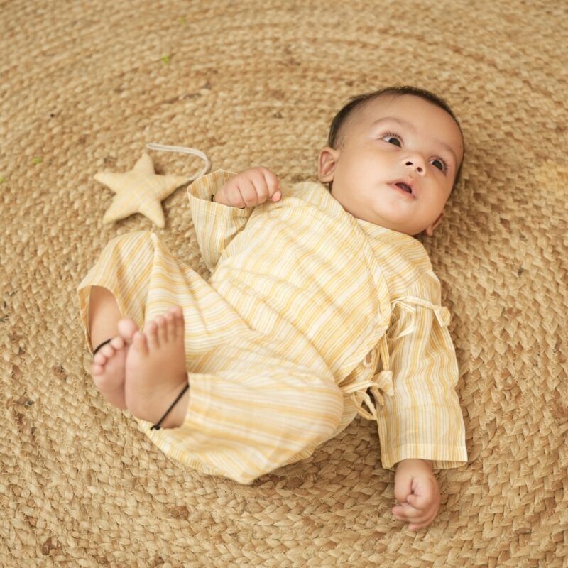 Baby Cotton Jhabla Pajama Set - Yellow Stripe