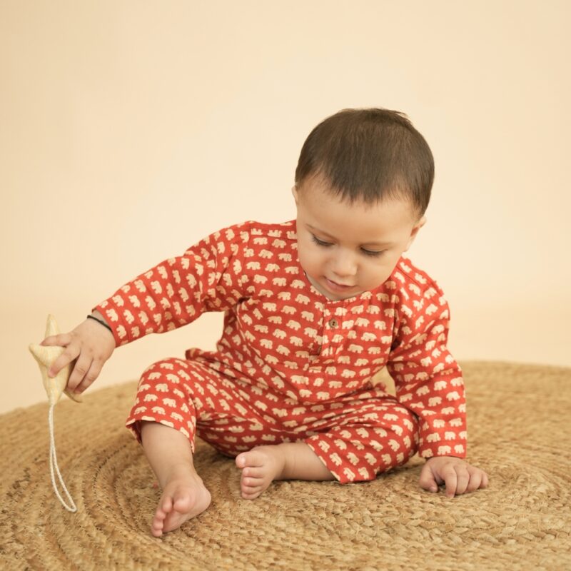 Baby Boy Cotton Kurta Pajama Set - Magic Red Elephant
