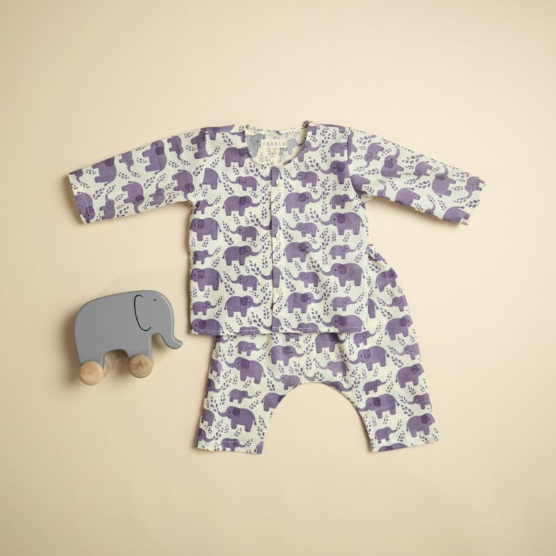 Baby Cotton Jhabla Pajama Set - Hathi Mere Sathi (Purple)