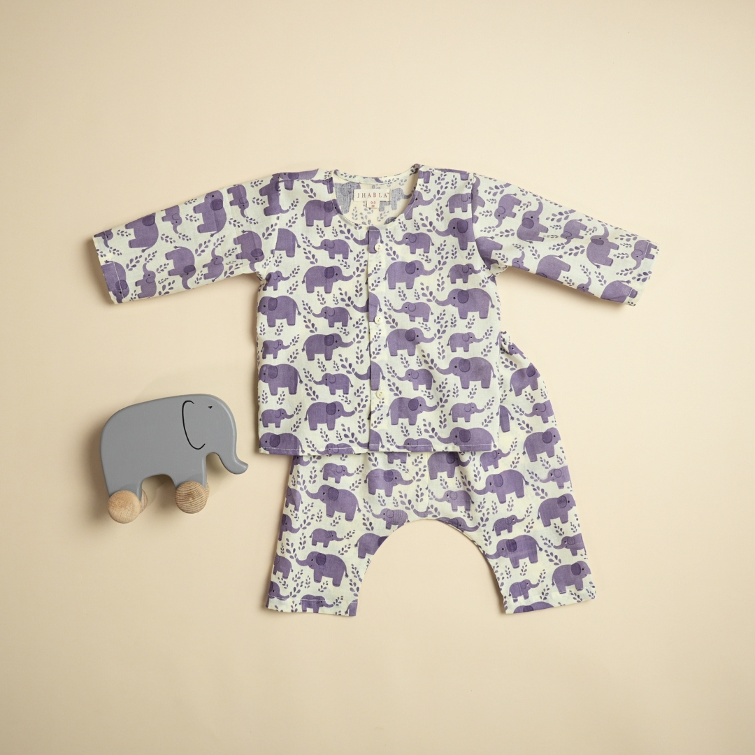 Baby Cotton Jhabla Pajama Set - Hathi Mere Sathi (Purple)