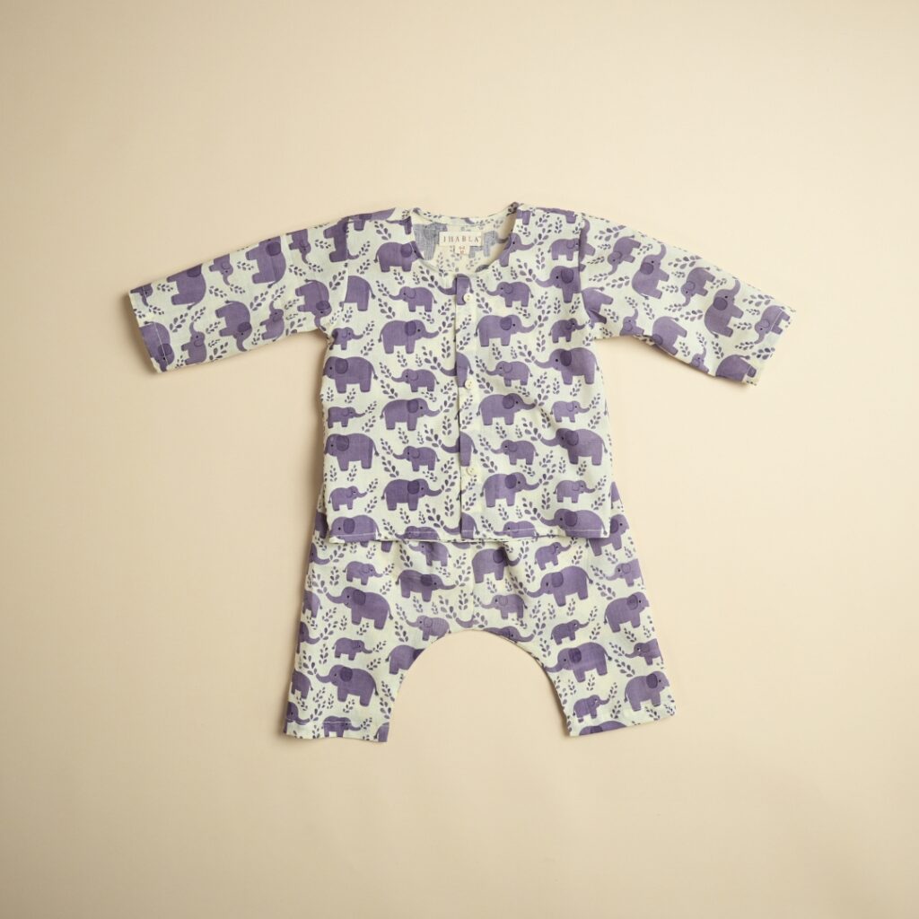 Hathi Mere Sathi (Purple) - Baby Cotton Jhabla Pajama Set - Image 3