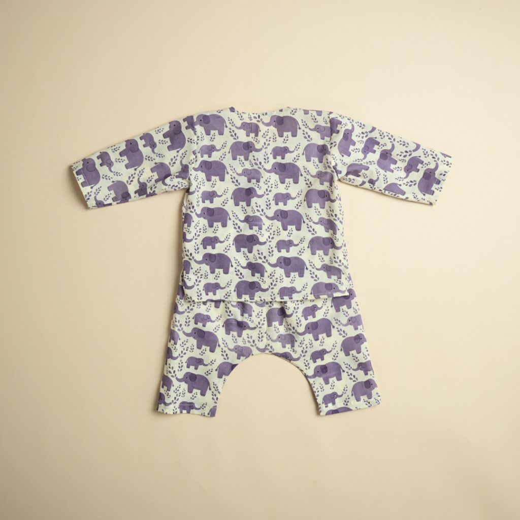 Hathi Mere Sathi (Purple) - Baby Cotton Jhabla Pajama Set - Image 4