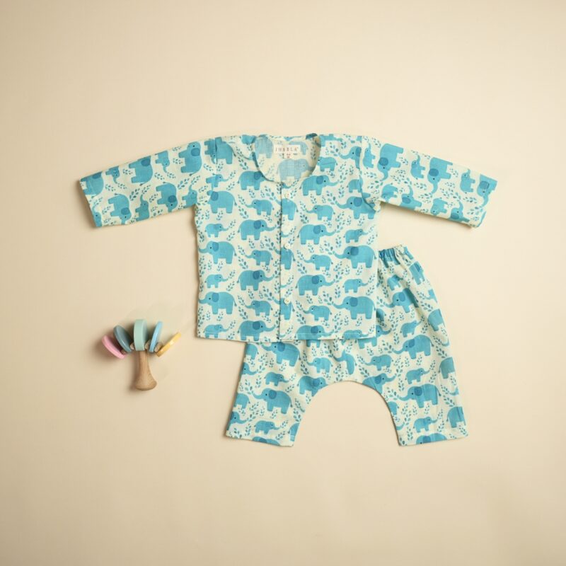 Baby Cotton Jhabla Pajama Set - Hathi Mere Sathi (Blue)