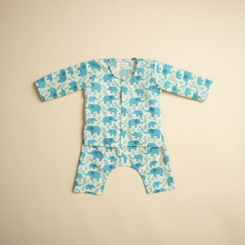 Baby Cotton Jhabla Pajama Set - Hathi Mere Sathi (Blue) - Image 3