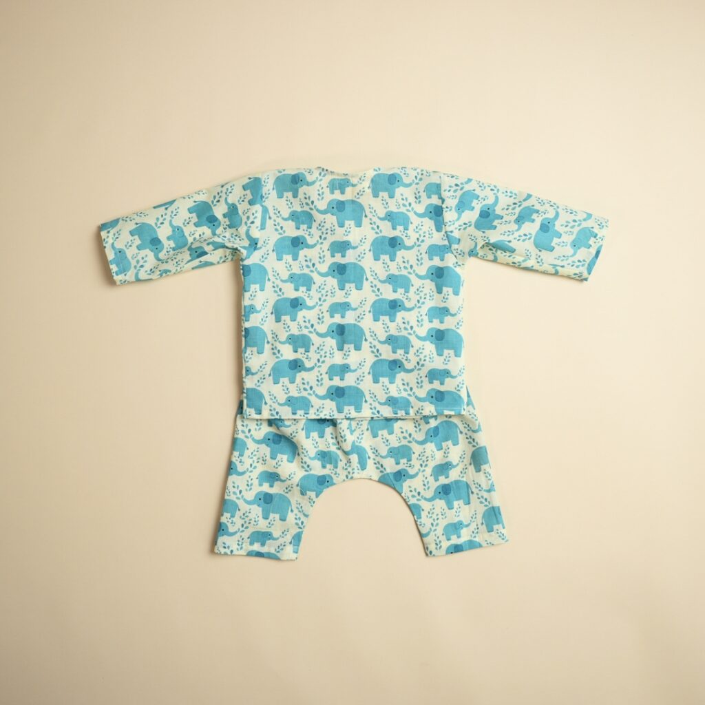 Baby Cotton Jhabla Pajama Set - Hathi Mere Sathi (Blue) - Image 4