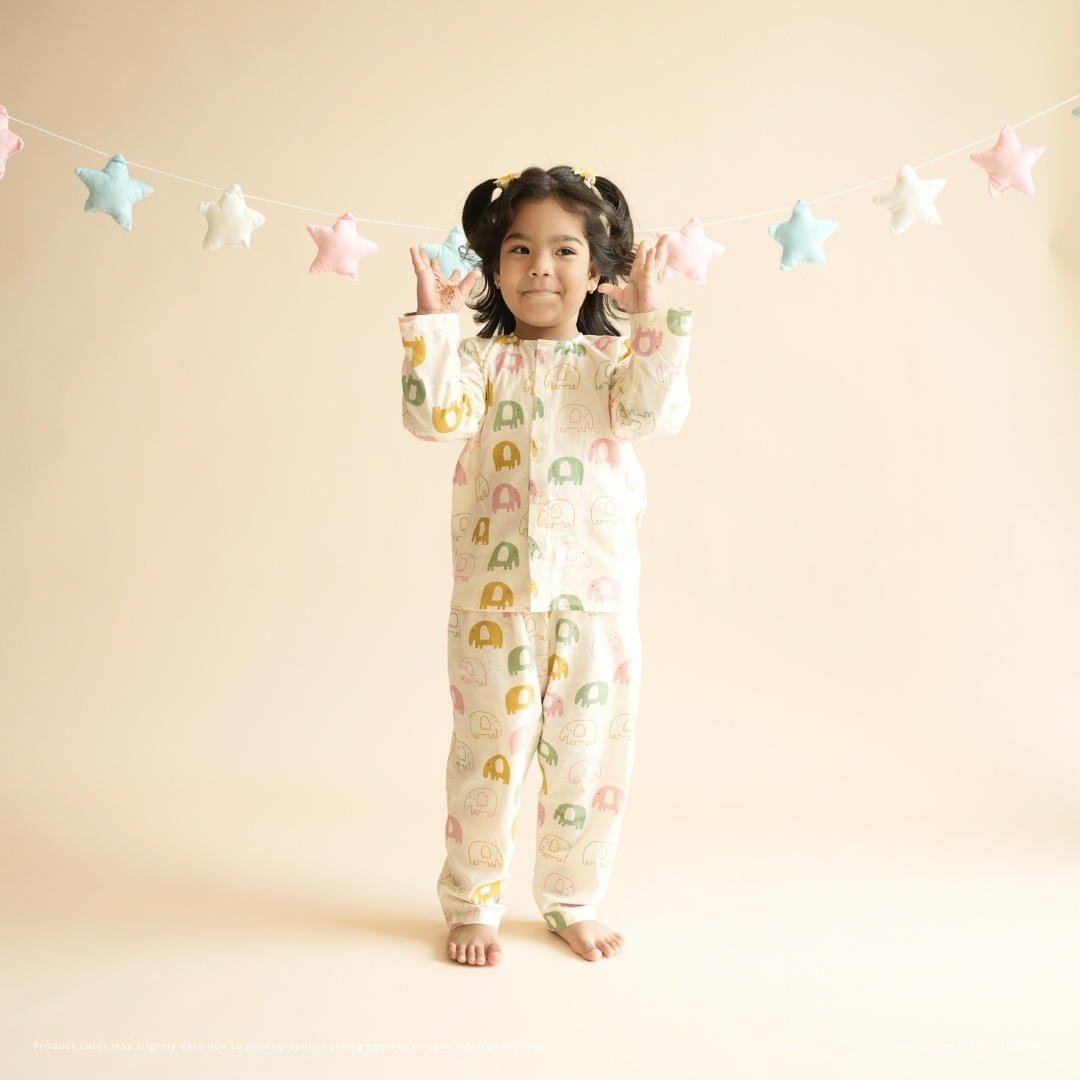 Merry Mini Elephant – Baby Cotton Jhabla Pajama Set