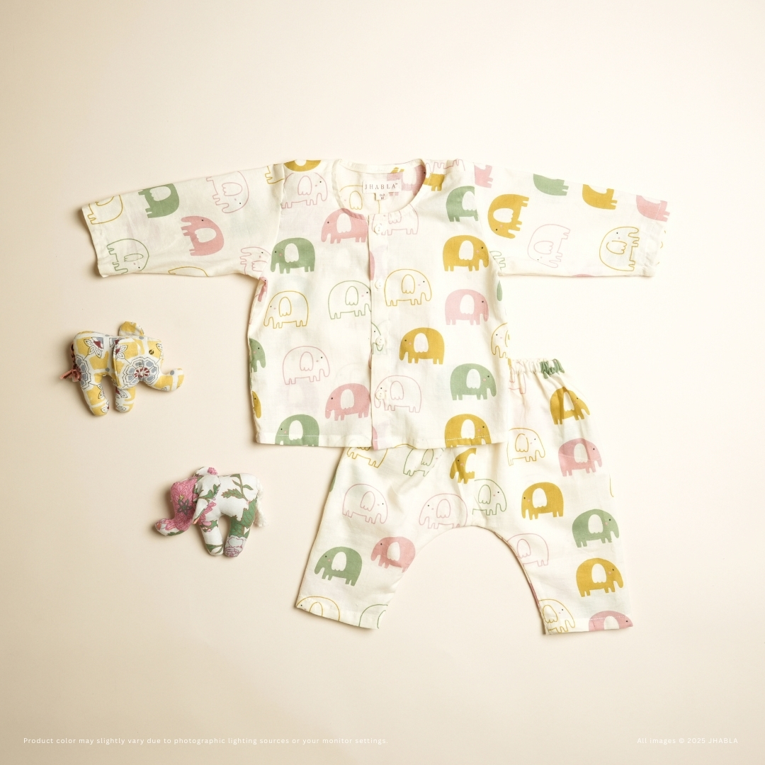 Merry Mini Elephant – Baby Cotton Jhabla Pajama Set