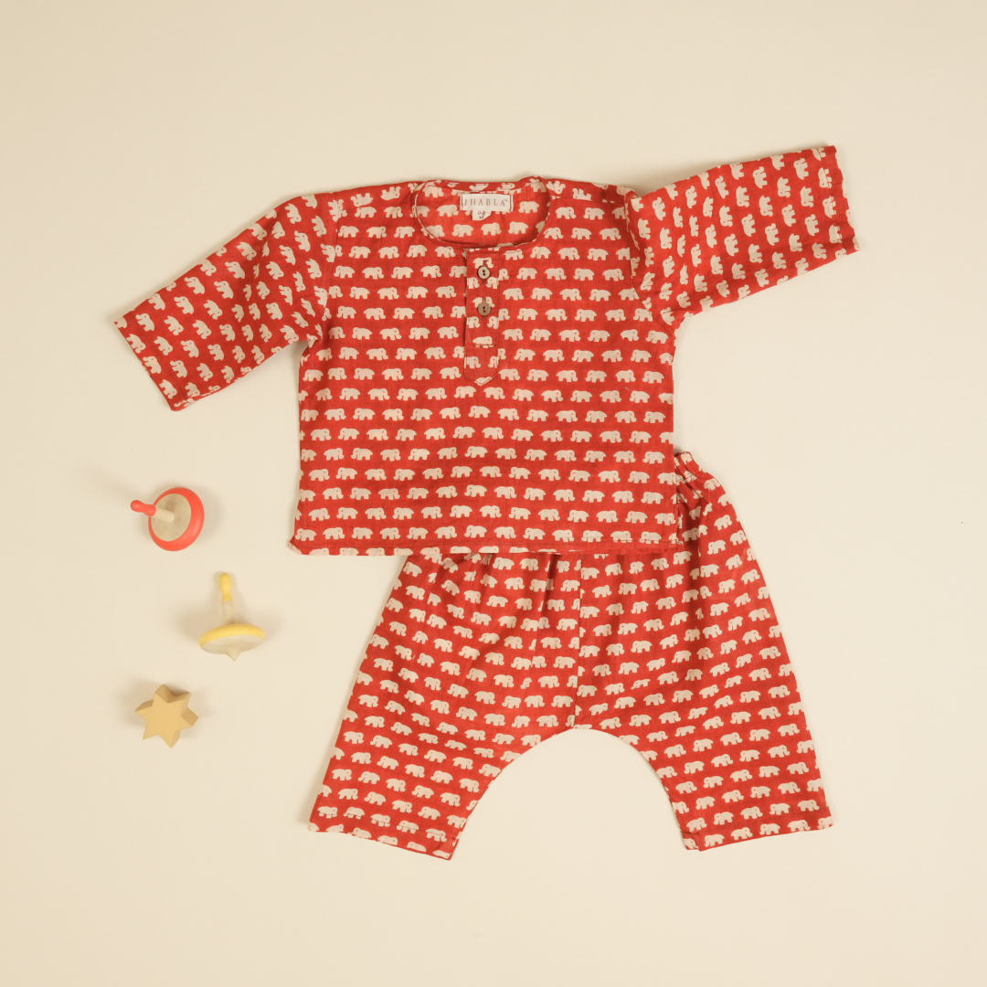 Magic Red Elephant – Baby Boy Cotton Kurta Pajama Set