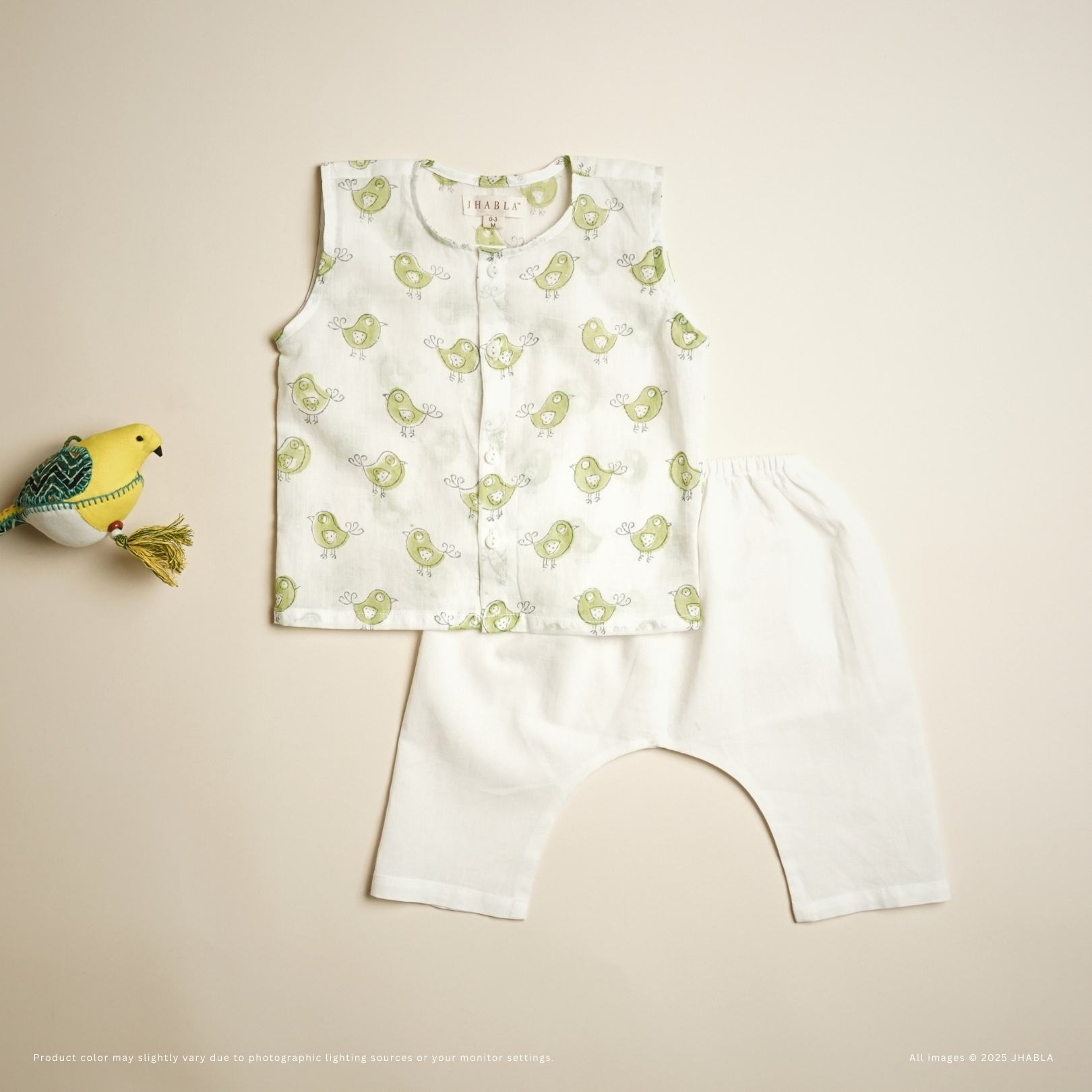 Chirp Charming (Green) – Baby Cotton Jhabla Pajama Set