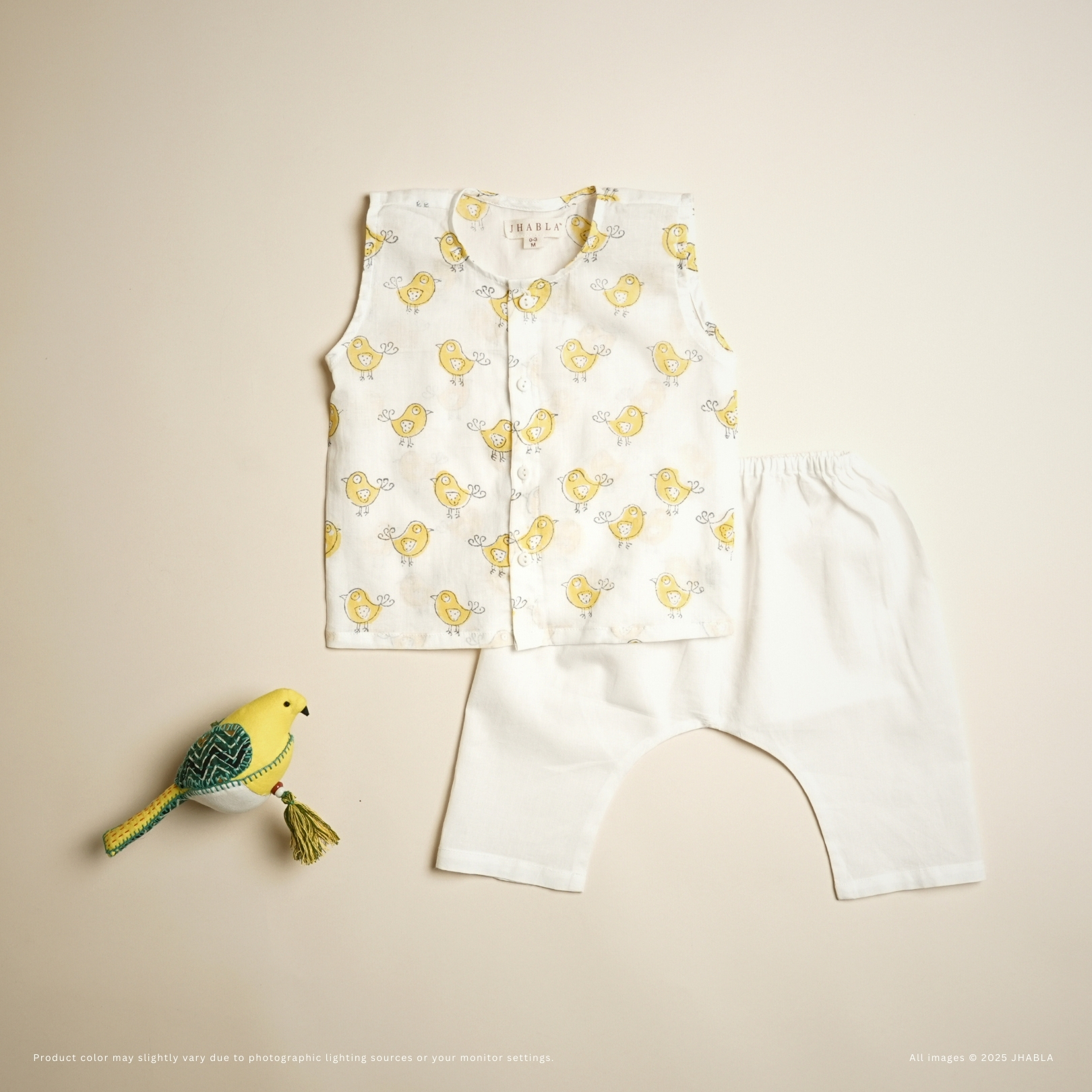 Chirp Charming (Yellow) – Baby Cotton Jhabla Pajama Set