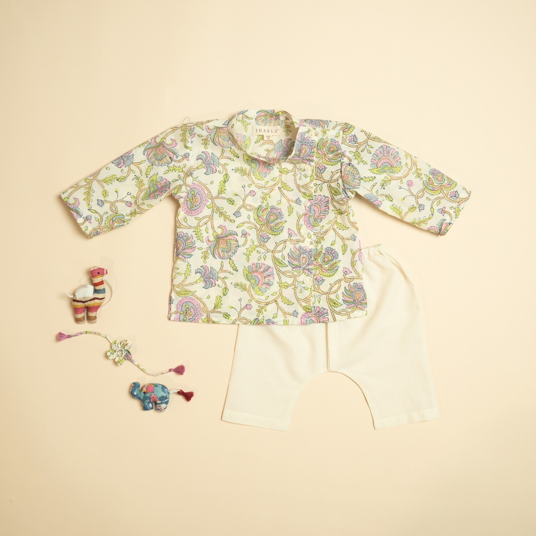 Pastel Petals – Baby Boy Cotton Angrakha Pajama Set