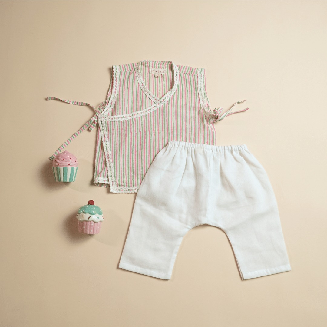 Pink And Green Candy – Baby Cotton Jhabla Pajama Set