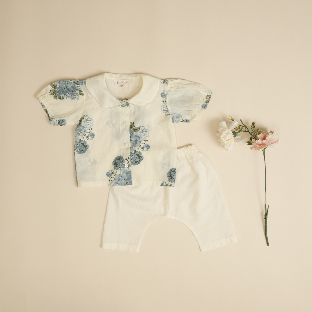 English Rose Bouquet (Blue) – Baby Girl Cotton Shirt Pajama Set