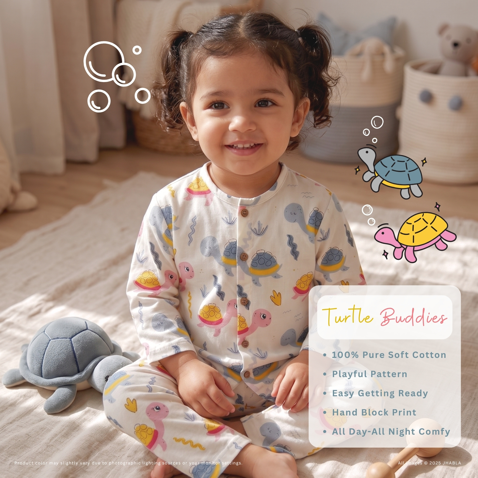 Turtle Buddies – Baby Cotton Jhabla Pajama Set