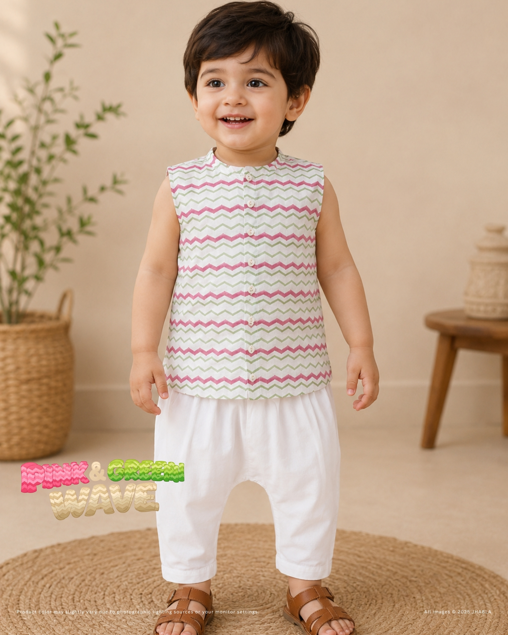 Pink And Green Wave (Cut Sleeves) – Baby Cotton Jhabla Pajama Set