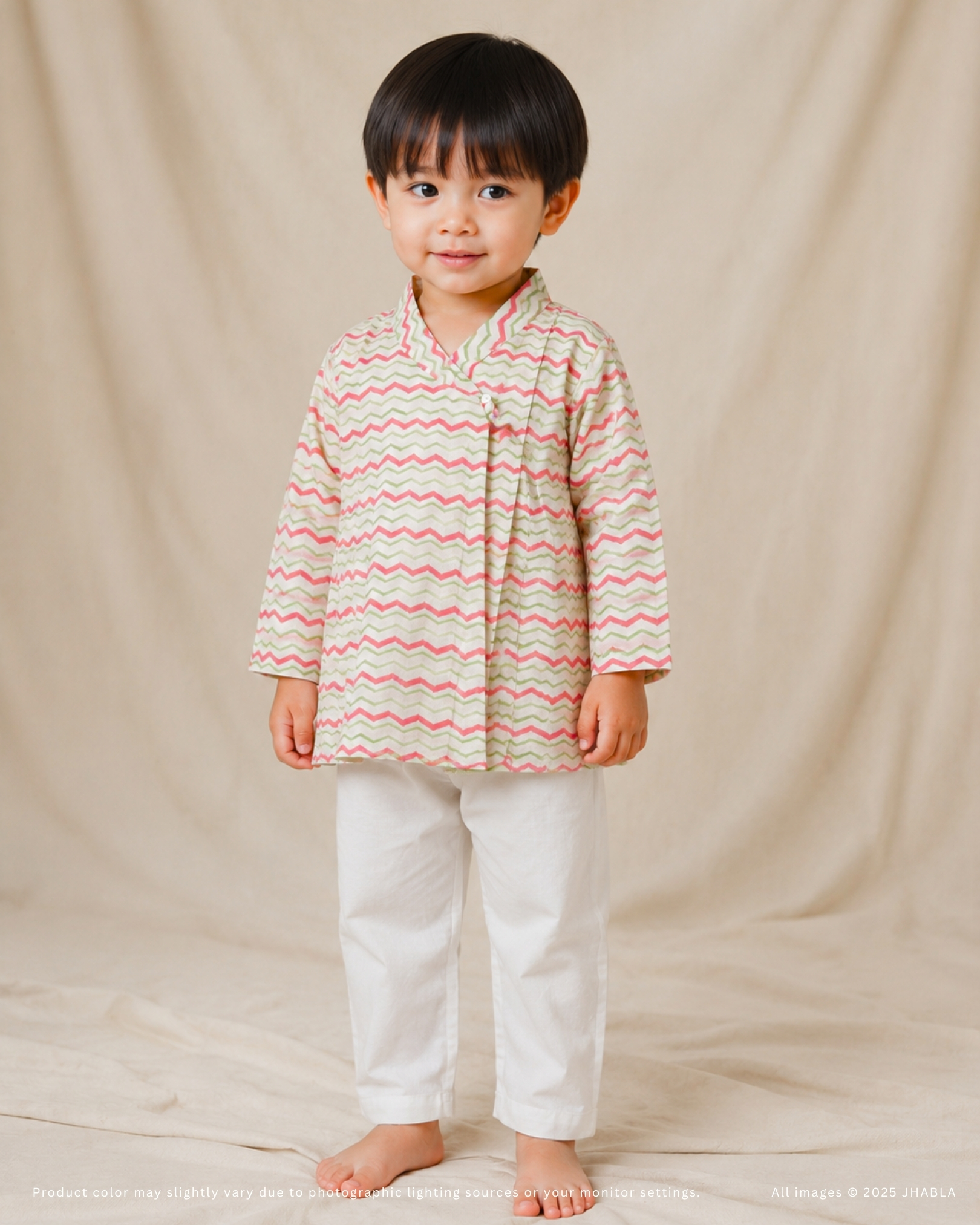 Pink And Green Wave – Baby Cotton Angrakha Pajama Set